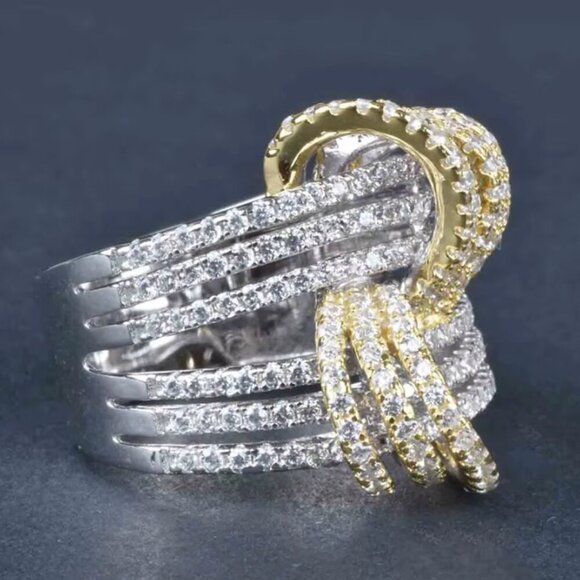 NEW 14k White Yellow Gold Two Tone Diamond Ring Band Chunky Statement Ring - Picture 6 of 7